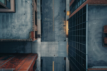 Aerial view of an empty urban alleyway, focusing on the clean lines and geometric shapes created by the buildings and pavement. Emphasize the minimalist beauty of the structured space. 