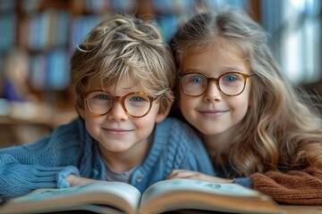 Smiling schoolboy boy and schoolgirl girl in glasses with a book sit at the table in the classroom,  kids school - Powered by Adobe