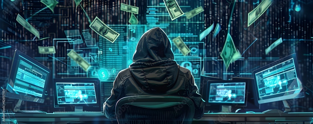 Aufkleber hacker in the dark digital realm targeting financial systems and cryptocurrency