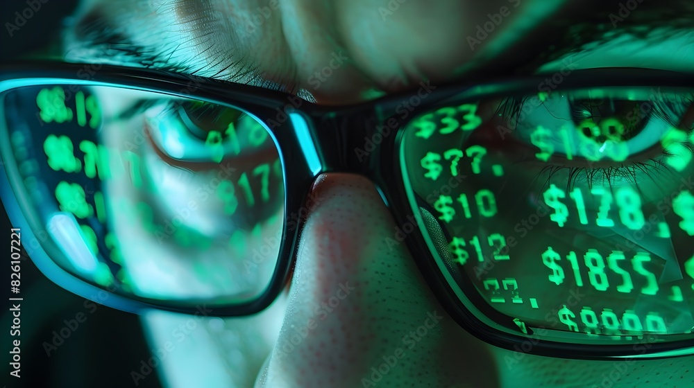 Aufkleber hacker reflected in glasses with green code and dollar symbols