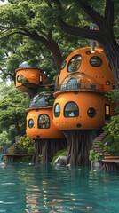 futuristic tree houses in alien forest for the Martian landscape concept after terraforming; 3d illustration domes. Space architecture and buildings; scifi concept of Mars colonization and exoplanets