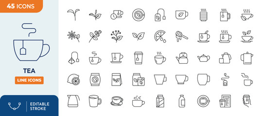 Tea Line Editable Icons set. Tea icons Pixel perfect. Editable stroke. Vector illustration	
