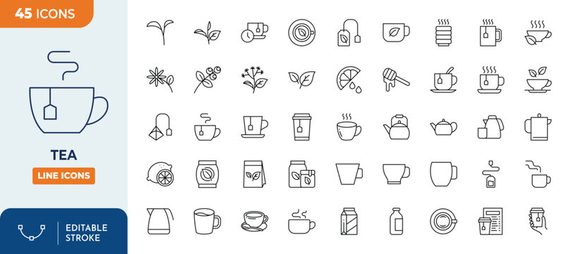 Tea Icons set. Tea icons Pixel perfect. Editable stroke. Vector illustration	