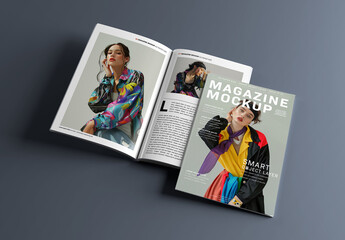 Magazine Cover and Open Magazine Mockup on Grey Background