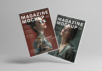 2 Floating Magazine Covers on White Background Mockup