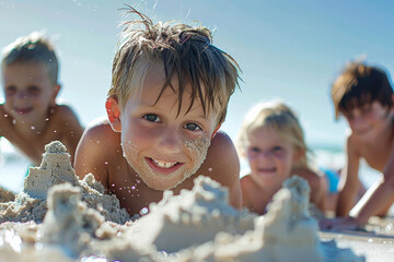 Young kids boys and girls playing in beach with sand castle, happy fun summer children vacation holidays