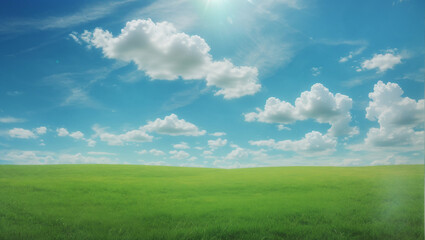 shows a green grassy field under a blue sky with white clouds.