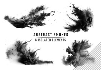 6 Abstract Black Smoke Elements On Transparent Background. Generative ai