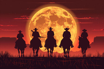 Naklejka premium Cowboy riders group riding horses background moon