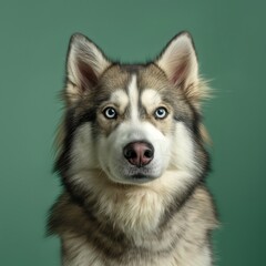 Obraz premium Alaskan Malamute dog on minimalistic colorful background with Copy Space. Perfect for banners, veterinary ads, pet food promotions, and minimalist designs.