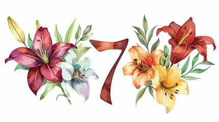 Number 7 with watercolor flowers lilies hand painting