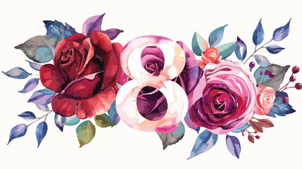 Number 8 with watercolor flowers burgundy and pink rose