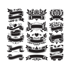 Vintage blank ribbons set. Badge, banner, ribbon, flag, sunburst design element.  illustration.