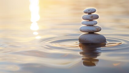 Balanced Stones in Calm Reflective Water