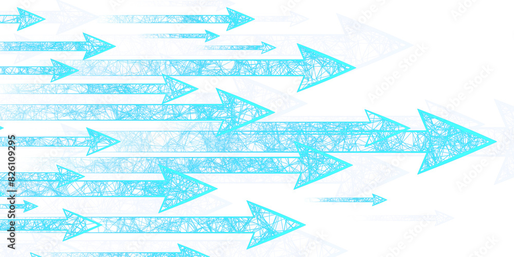 Poster multiple blue arrows pointing right on a white background, symbolizing direction, movement or progre