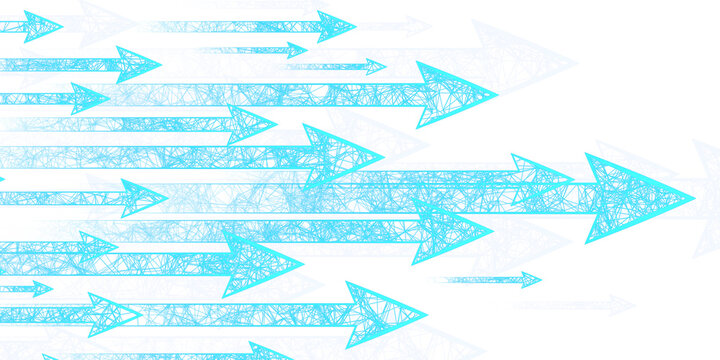 Multiple blue arrows pointing right on a white background, symbolizing direction, movement or progress in a digital geometric style