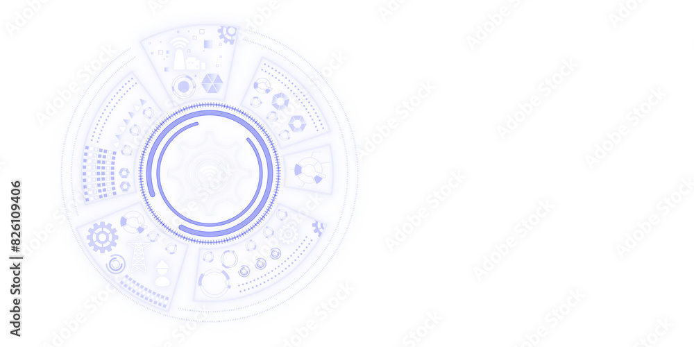 Wall mural Abstract technological elements arranged in a circular fashion on a white background, depicting a concept of innovation and futuristic design