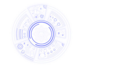 Abstract technological elements arranged in a circular fashion on a white background, depicting a concept of innovation and futuristic design