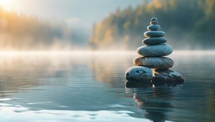 Balanced Stones in Calm Reflective Water