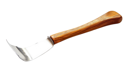 A wooden handled knife placed on a plain white background. The knifes blade and handle are in focus, showcasing its simple yet functional design