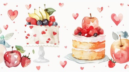 Watercolor design featuring a fruit bouquet and a cake with an apple on a white backdrop adorned with hearts