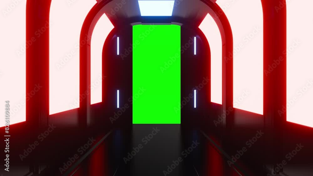Wall mural opening gate or door in dark futuristic tunnel spaceship or science laboratory corridor . sci-fi con