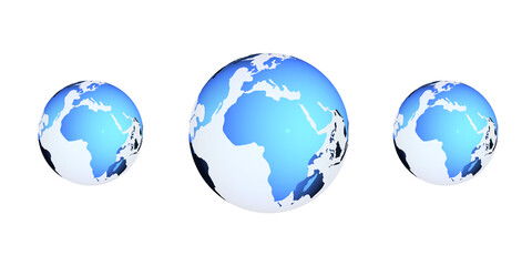 Three stylized globes depicted with blue and white colors on an isolated white background, representing the concept of global connectivity