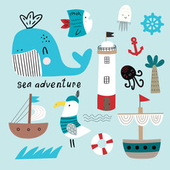 Vector set of children's drawings - sea life, underwater monsters, dino, clouds and ship. Sea trip. Doodle style.