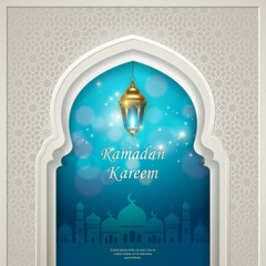 3D Islamic golden lantern and traditional curve arch background with splendid pattern decoration. suitable for Ramadan, Raya Hari, Eid al Adha Islamic holiday