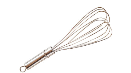 A wire whisk placed on a plain white background, showcasing its simple and functional design