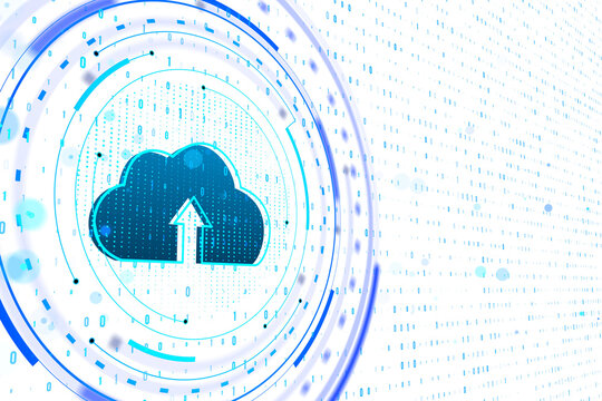 A digital cloud with an upload arrow, surrounded by futuristic circles and binary code, on a blue and white background, concept of cloud computing