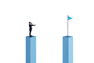 A man on a blue pedestal pointing towards a flag on another pedestal, against a white background, concept of goal setting