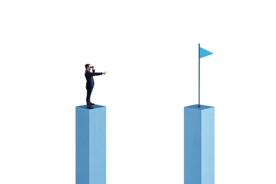 A man on a blue pedestal pointing towards a flag on another pedestal, against a white background, concept of goal setting