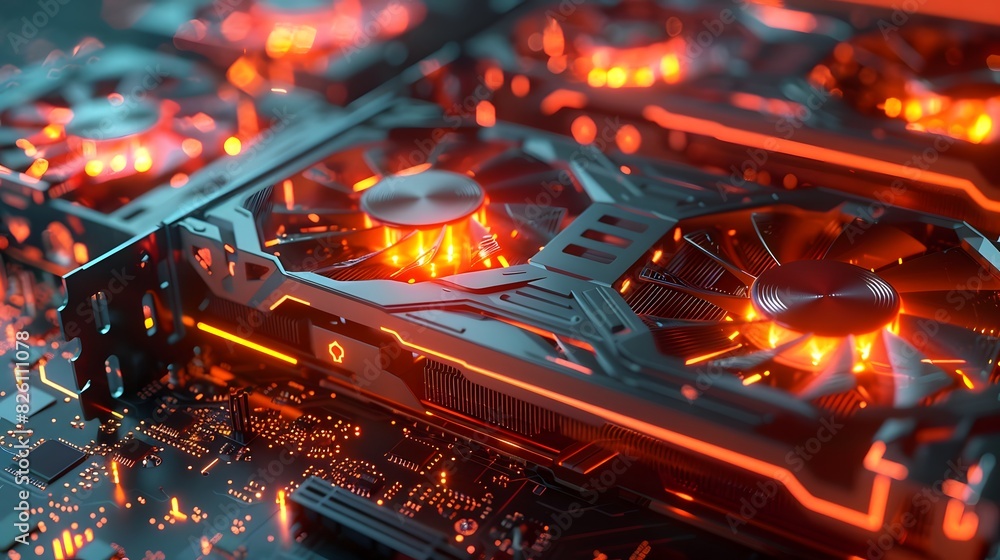 Poster a graphics card at a macro level, focusing on the complex patterns of its pcb, cooling fans, and hea