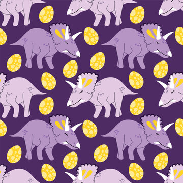 Hand drawn cute dinosaurs background in violet patterns. Chasmosaurus dino vector illustration for baby girls bedding and pajamas