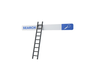 A ladder reaching a search bar icon on an isolated white background, symbolizing search engine optimization or access to information