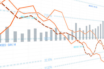 Fototapeta premium Complex financial chart with lines, bars, and percentages, digital graphic style on a white grid background, depicting data analysis