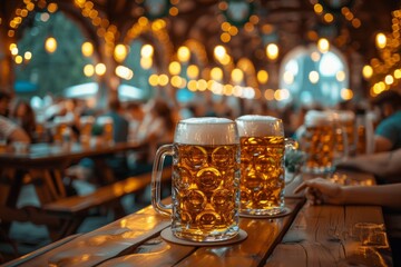 Frothy Beer Steins at Oktoberfest in a Cozy Bavarian Pub