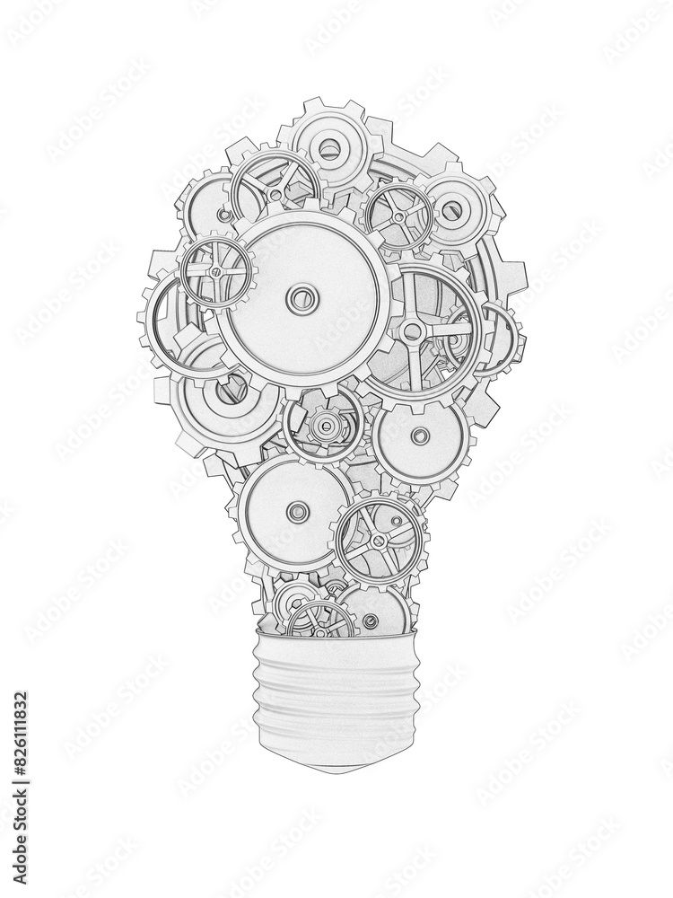 Poster a pencil sketch of cogs and gears forming a light bulb shape, isolated on a white background, repres