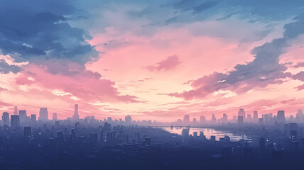 Fototapeta premium Digital illustration of a city skyline at sunset with pink and blue clouds. Vector art with gradient colors. Design for poster, banner, or header.