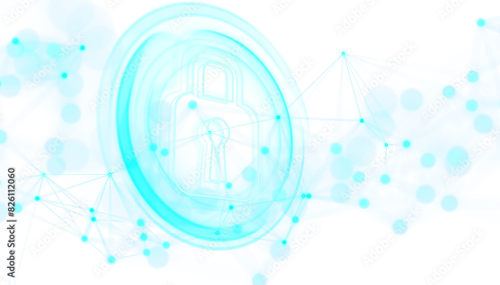 Poster abstract digital lock concept on a white background with light blue network connections and dots, sy