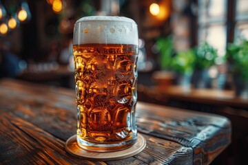 Frothy Beer Stein on Rustic Wooden Table in Cozy Pub