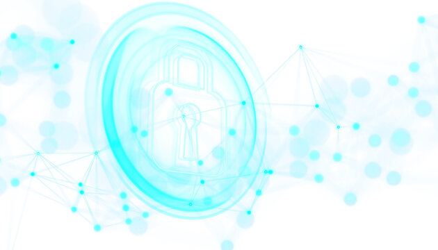 Abstract digital lock concept on a white background with light blue network connections and dots, symbolizing cybersecurity