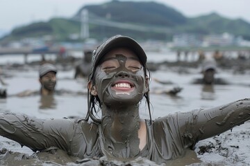 Woman Enjoying the Boryeong Mud Festival: Smiling Face Covered in Mud