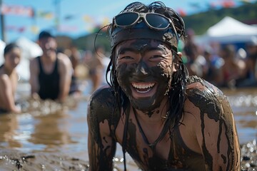 Woman Enjoying the Boryeong Mud Festival: Smiling Face Covered in Mud