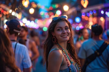 Smiling Woman Enjoying Mardi Gras Night Festivities in New Orleans