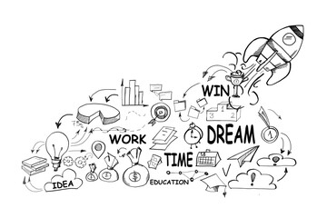 A hand-drawn doodle concept on a white background, featuring illustrations of success, ideas, work, dreams, and education elements