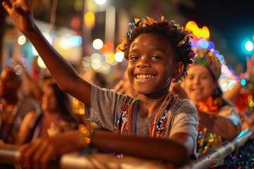 Joyful Child Celebrating Mardi Gras Night in New Orleans with Beads and Lights