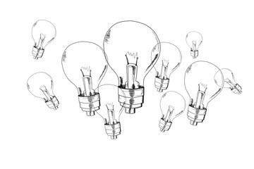 Hand-drawn light bulbs spread out over a white background, depicting an artistic sketch style, illustrating an idea or creativity concept © Who is Danny