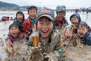 Children Having Fun in Mud at Boryeong Mud Festival Celebration